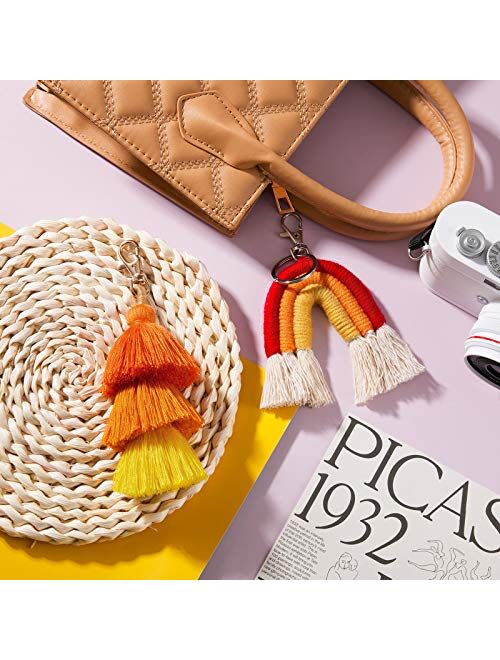 Hicarer 2 Pieces Boho Rainbow Keychains Pom Pom Tassel Macrame Keychains for Women Girls