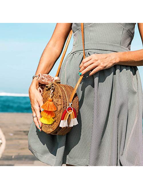 Hicarer 2 Pieces Boho Rainbow Keychains Pom Pom Tassel Macrame Keychains for Women Girls