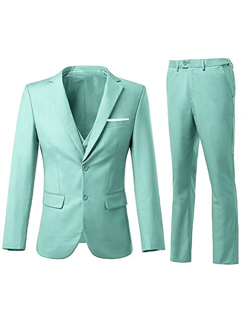 Holivyer Men's 3 Piece Slim Fit Suit Set, Two Button Blazer Solid Jacket Vest Pants Wedding Business Suit