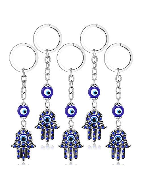 Yaomiao 5 Pieces Hamsa Hand Keychain Evil Eye Silver Keychain Fatima Protection Charms Blue Good Luck Key Holder for Attaching to Keys and Bags