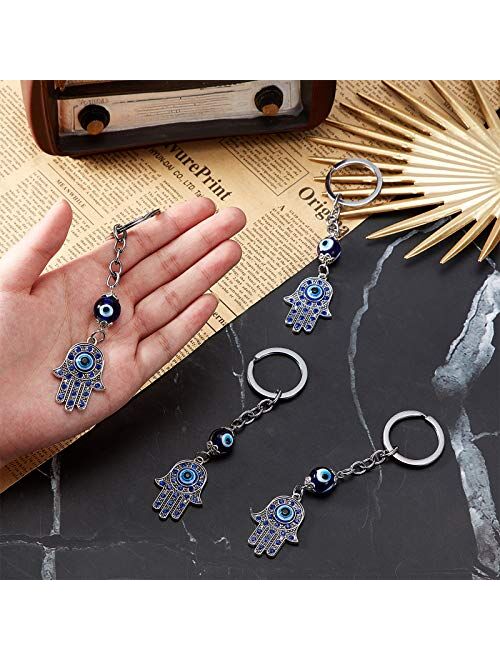 Yaomiao 5 Pieces Hamsa Hand Keychain Evil Eye Silver Keychain Fatima Protection Charms Blue Good Luck Key Holder for Attaching to Keys and Bags