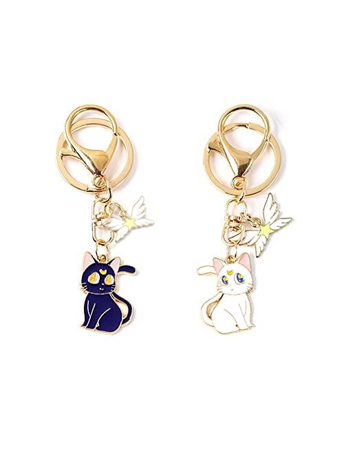 Jinzhoufz Anime Sailor Moon Keychain Cat Keychains Cute Cartoon Keychain Birthday Gifts（Black and white）2PCS