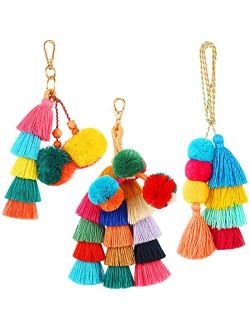 Chengu Colorful Tassel Keychain with Pompom Decorations for Handbags Boho Tassels Purse Charm Car Key Rings for Women Girls