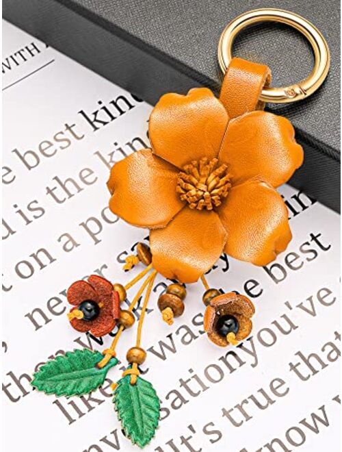 Inbagi Leather Leaf Flower Tassel Keychain Boho Accessories Cute Keychains for Women Wallet Bag Purse Ring Holder Keychain Women's Keyrings and Keychains Pendant Charms
