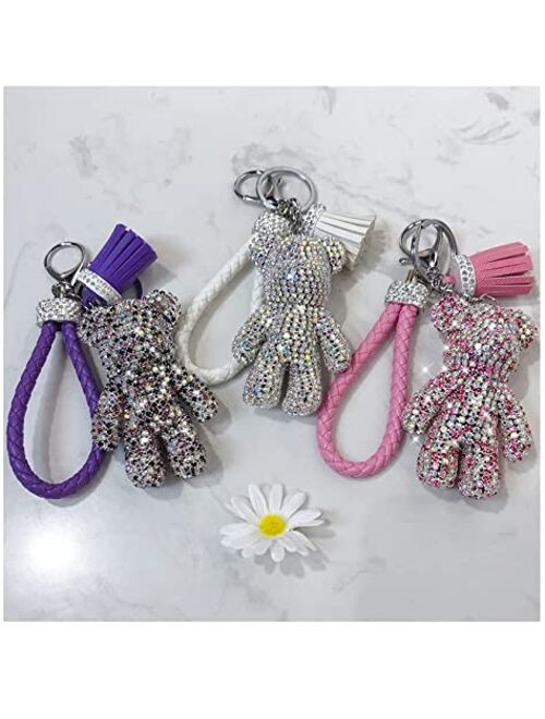 Ojexus Girls Fashionable Luxury Diamond Teddy Bear Pendant Key Chains Leather Tassel Rope Rhinestone Keyring Car Accessories