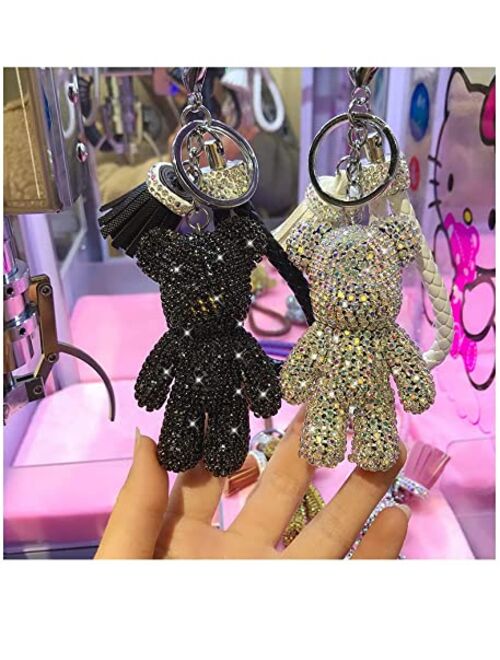Ojexus Girls Fashionable Luxury Diamond Teddy Bear Pendant Key Chains Leather Tassel Rope Rhinestone Keyring Car Accessories