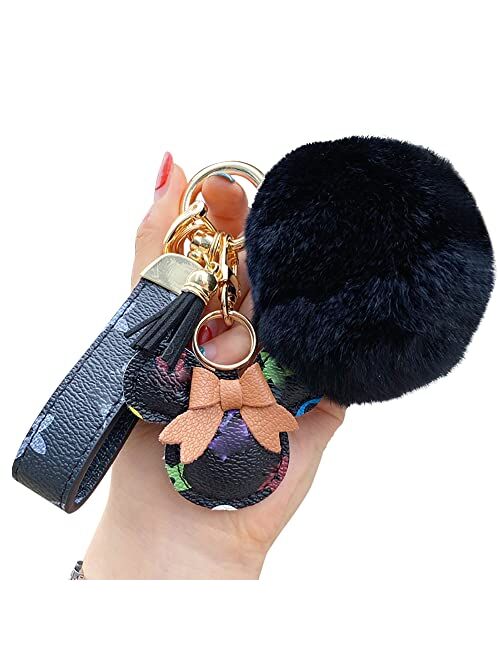 Vdadoo Studio Plush Ball Keychain Key Ring, Creative Retro Lattice Flower PU Leather Keychain, Cute Pendant Keychain
