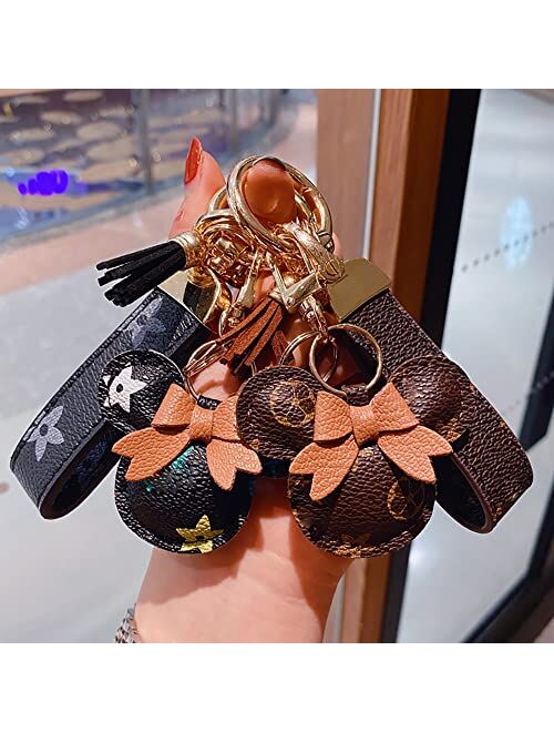 Vdadoo Studio Plush Ball Keychain Key Ring, Creative Retro Lattice Flower PU Leather Keychain, Cute Pendant Keychain