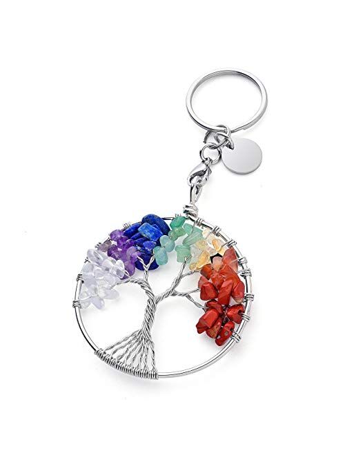 MANIFO 7 Chakra Keyring Healing Crystal Tree of Life Keychain Gemstone Key Chain Charm for Women