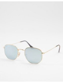 hexagonal sunglasses in gold with mirror lens