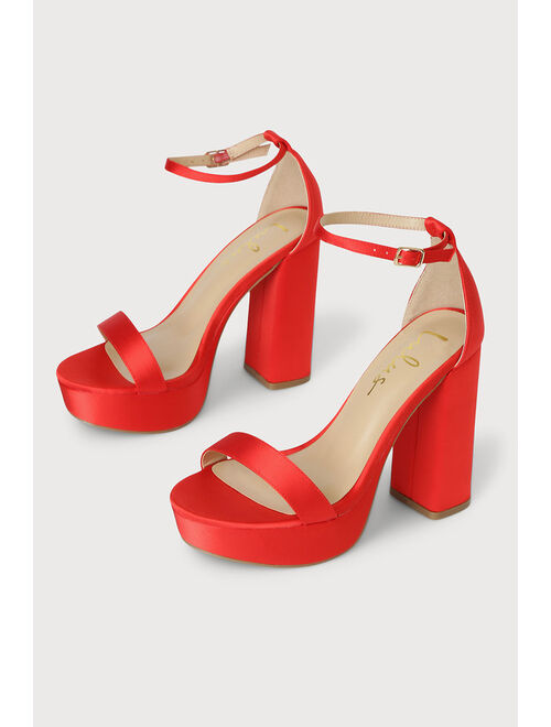 Lulus Arrabella Red Satin Platform Ankle Strap Heels