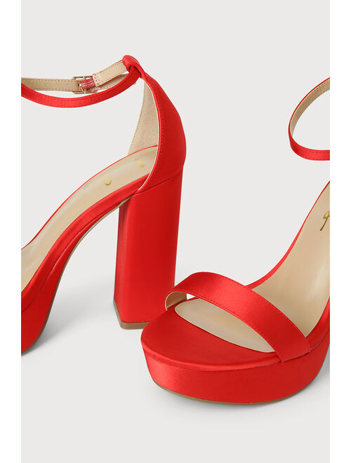 Lulus Arrabella Red Satin Platform Ankle Strap Heels