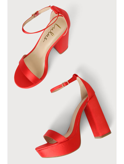Lulus Arrabella Red Satin Platform Ankle Strap Heels