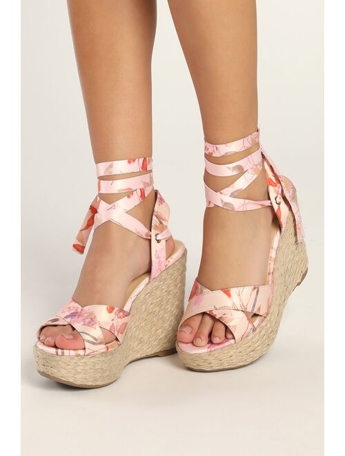 Lulus Esme Pink Floral Lace-Up Espadrille Wedges