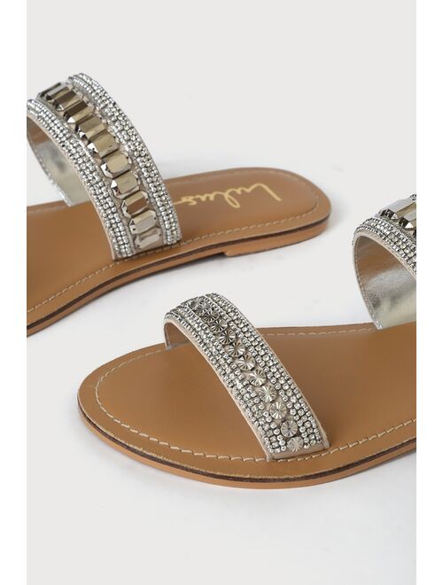 Lulus Pawfy Silver Beaded Slide Sandals