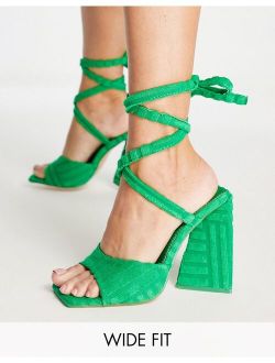 Wide Fit Mojito tie up block heel sandals in green towelling