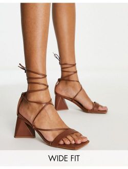 Wide Fit Hilani tie leg block heeled mid sandals in tan