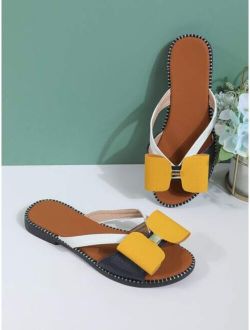 Color Block Bow Decor Slide Sandals
