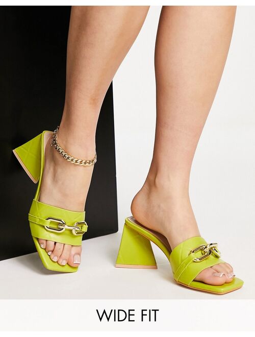 Glamorous Wide Fit quilted mid heel mule sandals in yellow