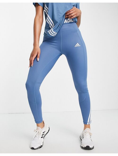 adidas performance adidas Training Icons 3 Stripe leggings in blue
