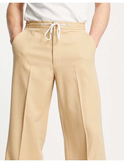 ASOS DESIGN smart wide leg pants with drawcord waist in camel