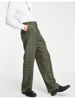 high waist wide leg pants in green wool mix window check