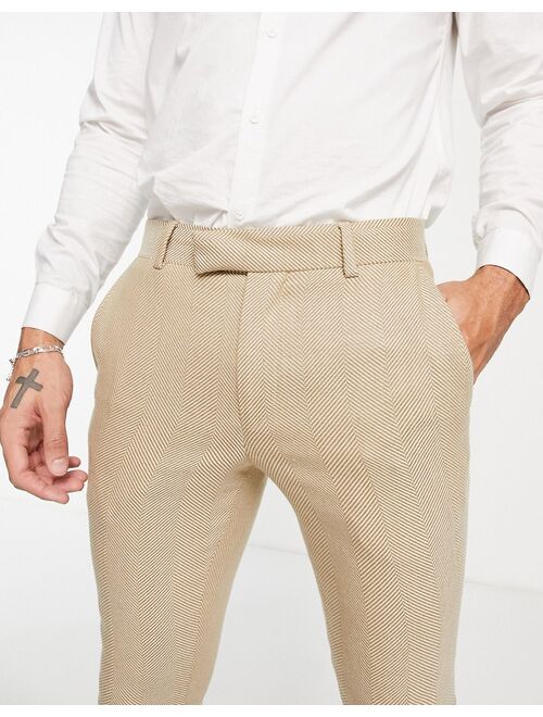ASOS DESIGN super skinny wool mix smart pants in wide stone herringbone