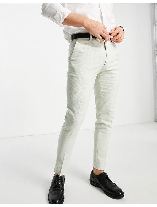 ASOS DESIGN wedding super skinny wool mix smart pants with pastel green dog tooth check