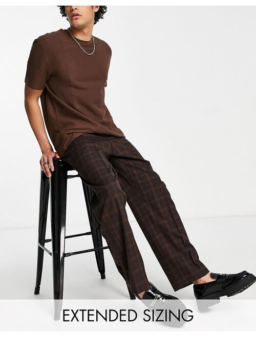 ASOS DESIGN wide leg smart pants with brown highlight plaid and drawstring
