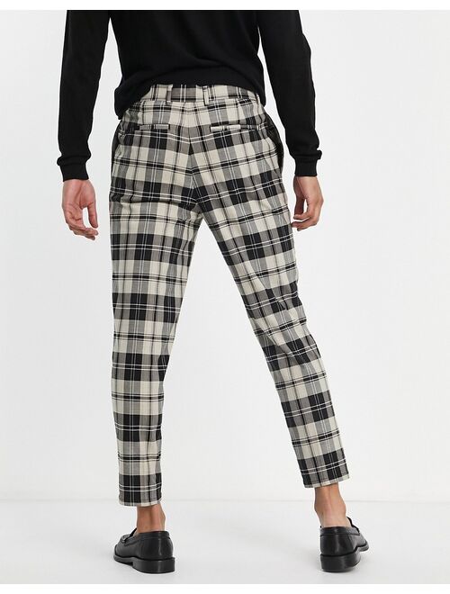 River Island tapered pleated pants in ecru plaid