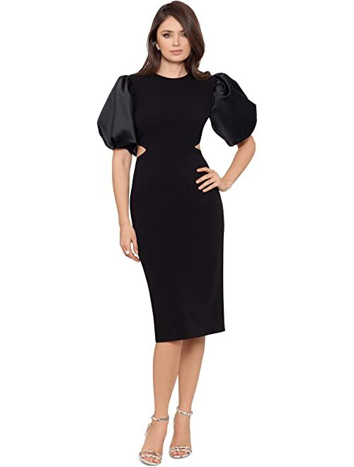 Betsy & Adam Short Crepe Dress with Combo Puff Sleeve and Side Cutouts