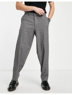 loose fit pleated smart pants in gray windowpane check
