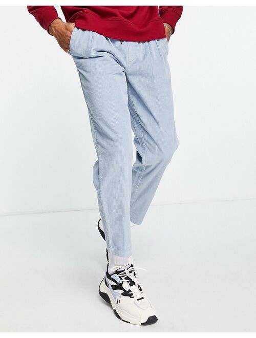 Topman tapered cord pants with elasticated waist band in blue