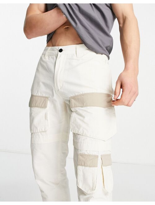 Topman skinny cargo pants with elasticated cuff in off white