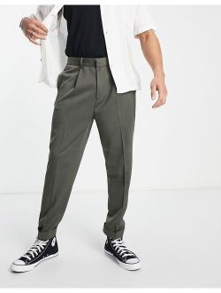 tapered twill smart pants with turn up in khaki