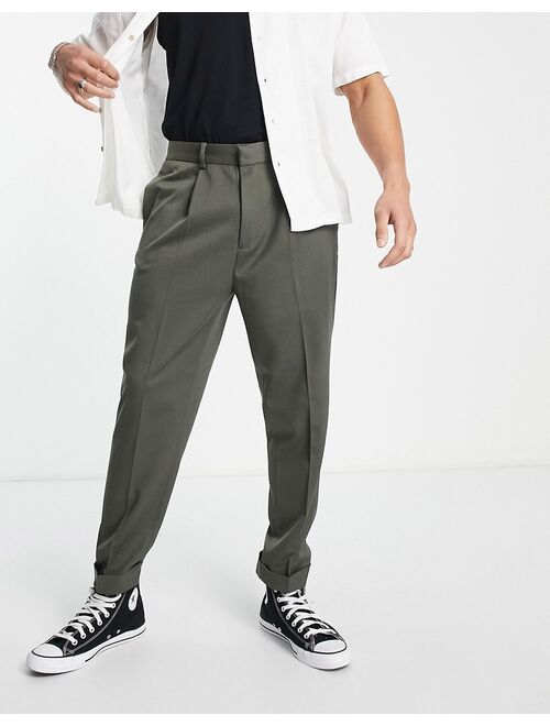 ASOS DESIGN tapered twill smart pants with turn up in khaki