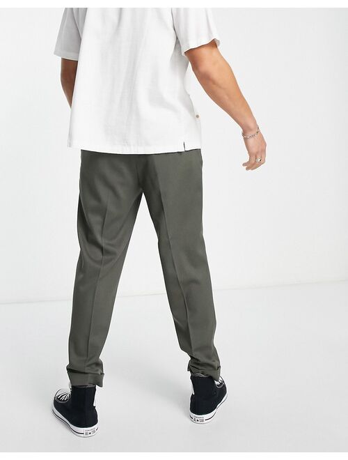 ASOS DESIGN tapered twill smart pants with turn up in khaki
