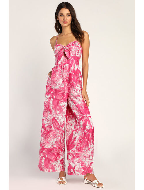 Lulus Blissful in Bali Pink Tropical Print Tie-Front Jumpsuit