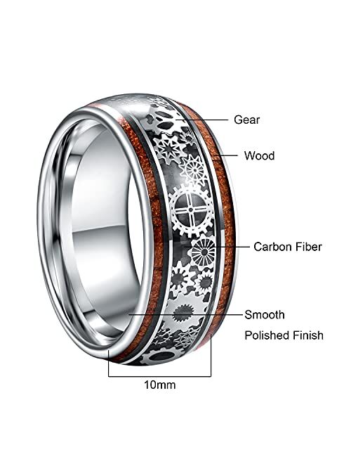 TUNGSTORY 10mm Steampunk Gear Wheel Tungsten Ring for Men Women Koa Wood Inlay Domed Polished Comfort Fit Size 7-14