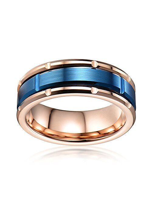 King'S Cross Personalized Engraved Dazzling Rose Gold Tungsten Carbide Band Ring with Notched Edges & Royal Blue Brushed Satin Finish Center Band.