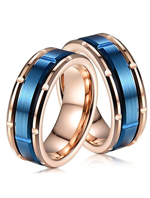 King'S Cross Personalized Engraved Dazzling Rose Gold Tungsten Carbide Band Ring with Notched Edges & Royal Blue Brushed Satin Finish Center Band.