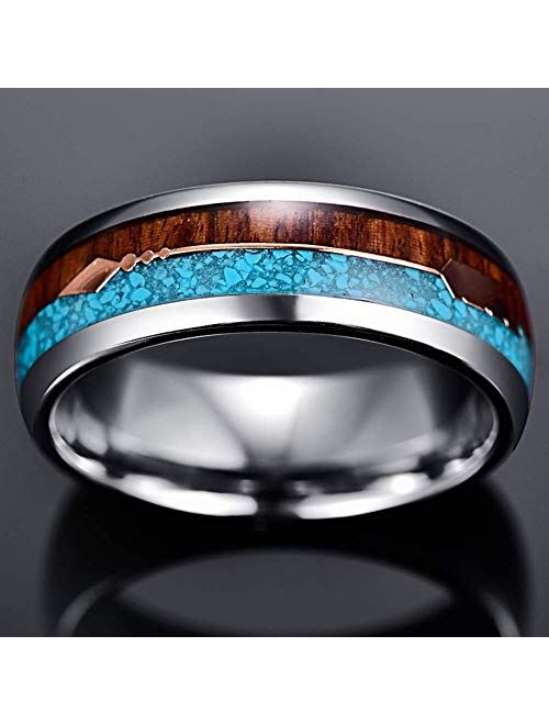 Vakki 8mm Men's Hawaiian Koa Wood and Turquoise Inlay Tungsten Carbide Ring with Rose Gold Arrow Comfort Fit Size 7-12