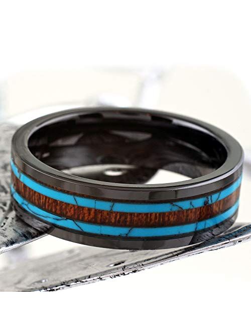 King'S Cross Beautiful Ultra-Light Hi-Tech 6mm/8mm Gunmetal Black Flat Ceramic Band Style Ring w/ Koa Wood Inlay Between 2 Blue Turquoise Inlays.