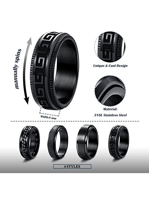 FIBO STEEL Black Spinner Rings for Men Women Fidget Rings Cool Chain Inlaid Greek Key Rings Stainless Steel Stress Relieving 8mm Wide Wedding Promise Band Rings Set Size 