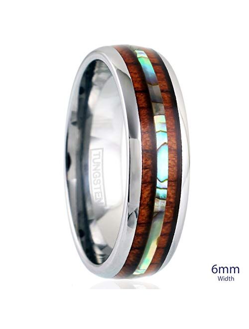 King's Cross Engraved Personalized 6mm/8mm Mirror Polished Silver Tungsten Carbide Band Ring w/Beautiful Koa Wood & Abalone Shell Inlays.