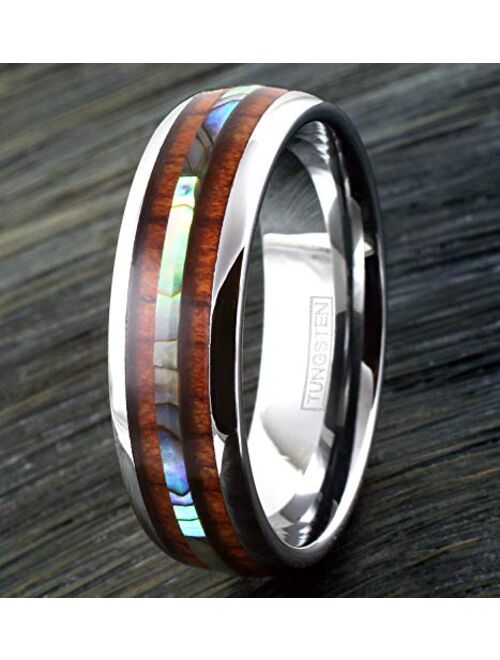 King's Cross Engraved Personalized 6mm/8mm Mirror Polished Silver Tungsten Carbide Band Ring w/Beautiful Koa Wood & Abalone Shell Inlays.
