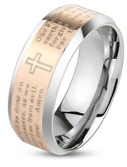 Artisan Owl Lord's Prayer Beveled Edge Rose Gold Tone Stainless Steel Ring