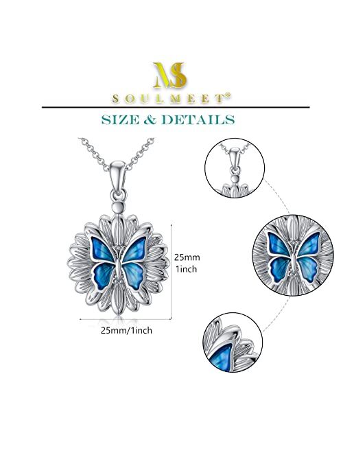 SOULMEET 1 Inch Round Sunflower Butterfly Locket Necklace That Holds 1 Picture Photo Sterling Silver Personalized Expandable Locket Necklace