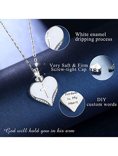 EUDORA Personalized Cremation Necklace, Sterling Silver Vintage Angel Wing Locket Necklace that Holds Picture, Sunflower Cross Custom Urn Engraved Memorial Jewelry for As