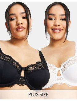 Simply Be 2 pack Lottie lace underwired bra in black and white